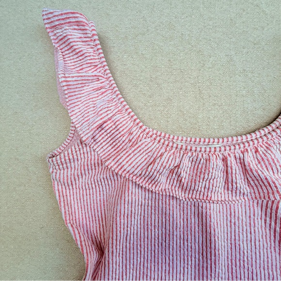 Boden Pink Red White Ruffled Off Shoulder Ribbed Top Blouse Seersucker Stripe 6 - Picture 6 of 9